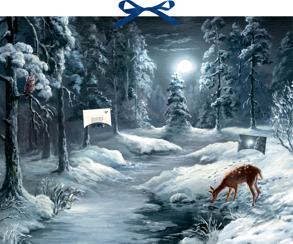 Verschneiter Winterwald bei Nacht mit Reh, Euleund Vollmondschein zwischen den Bäumen; zwei Beispielzettel ragen aus der Szene heraus.
