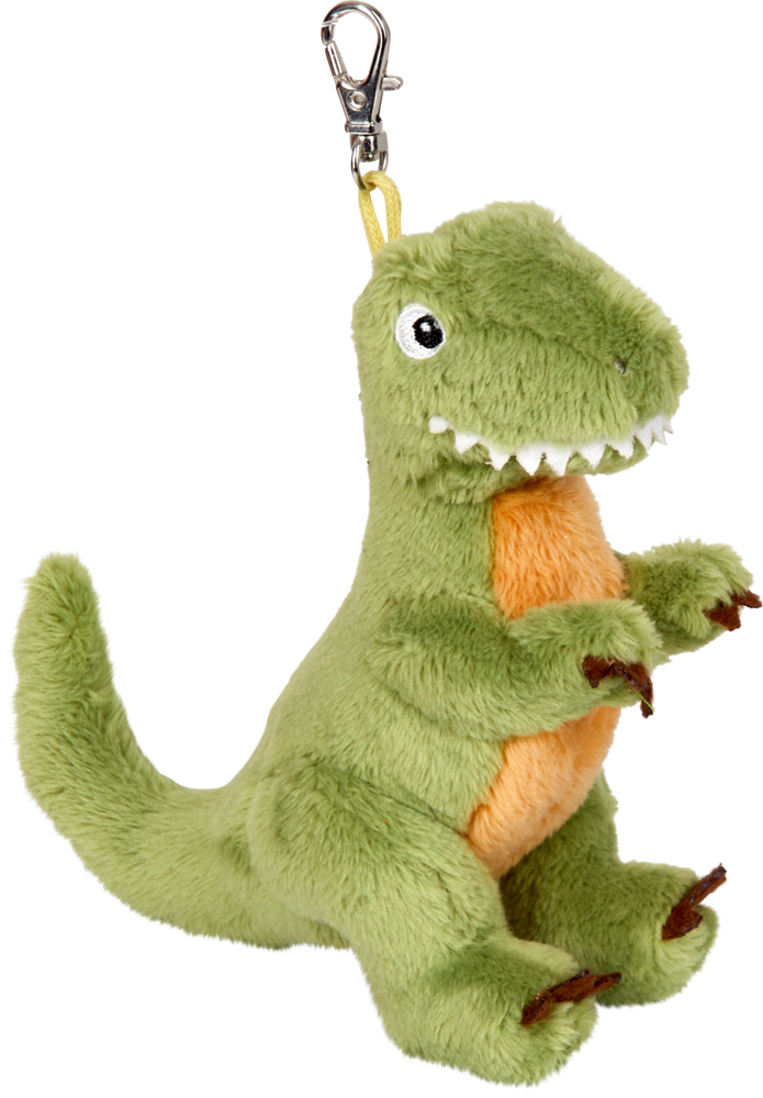 T-Rex, Dino-Anhänger - Dino Friends Grüner Plüsch-Dinosaurier-Schlüsselanhänger mit orangefarbenem Bauch und Metallclip oben.