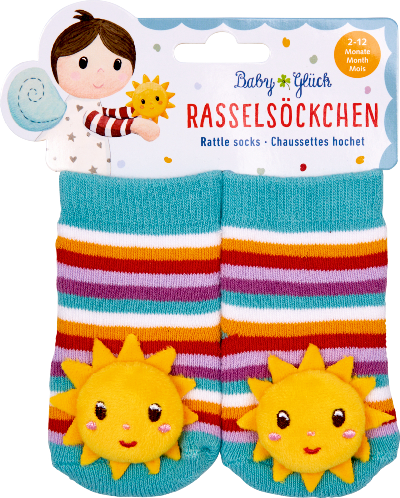Rasselsöckchen Sonne - BabyGlück, one size (2-12 Monate) Bunt gestreifte Babysocken mit Plüschsonnen auf den Zehen an einer niedlich gestalteten Trägerkarte.