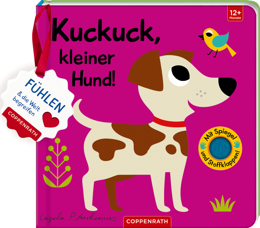 Mein Filz-Fühlbuch: Kuckuck, kleiner Hund! Pinkfarbener Einband mit Hund, Vogel und dem Titel: „Kuckuck, kleiner Hund!“.