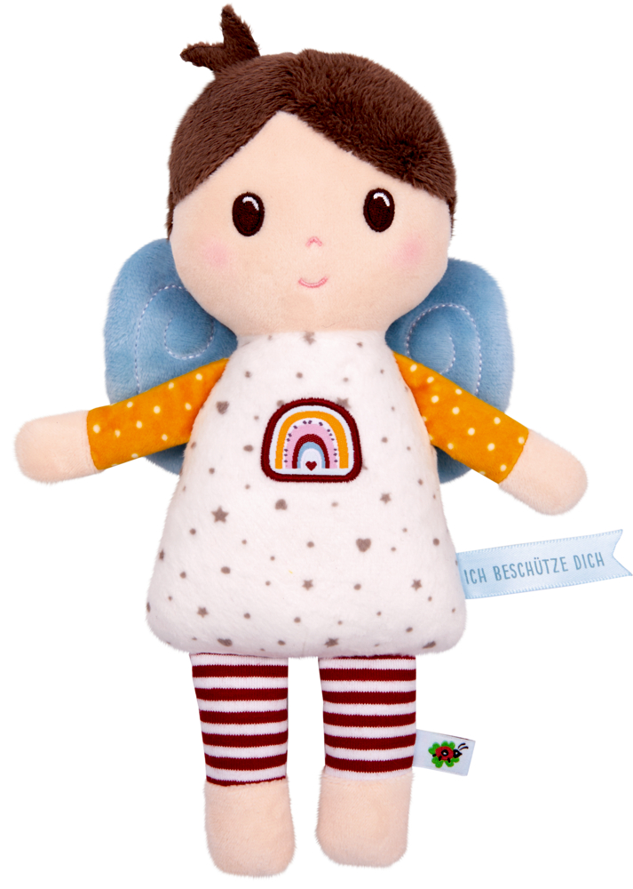 Schmusepuppe Schutzengel - BabyGlück Stoffpuppe mit braunem Haar, blauen Flügeln, gestreiften Beinen und einem Kleid mit Regenbogen und Sternen.