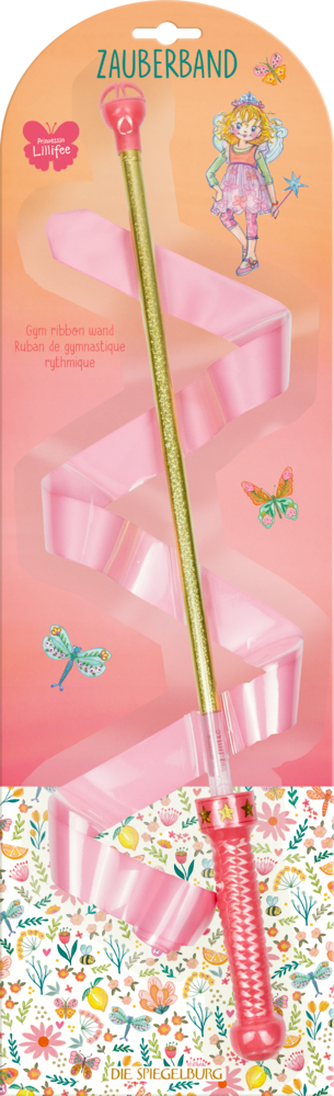 Rosa und goldener Stab mit Band in bunter Verpackung mit Feen, Schmetterlingen und Blumenmustern.