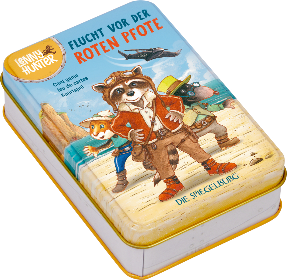 Kartenspiel Schwarzer Peter - Lenny Hunter Metalldose mit Cartoon-Tieren als Abenteurer vor einem Wüstenhintergrund. Deutscher Text enthalten.