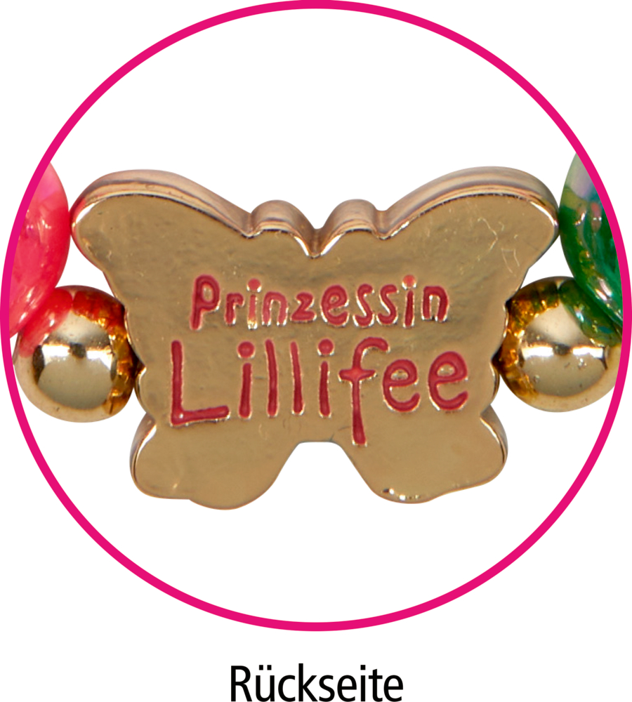 Goldener Schmetterlingsanhänger mit dem Text „Prinzessin Lillifee“, bunte Perlen, eingefasst in einen rosa Kreis.