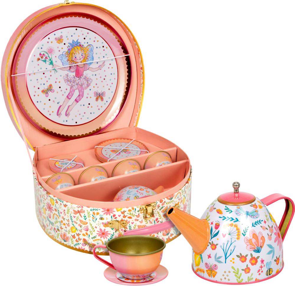Farbenfrohes Teeservice für Kinder mit Feen- und Blumenmotiven – inklusive Tassen, Untertassen, Teekanne und Spielkoffer zum Verstauen.