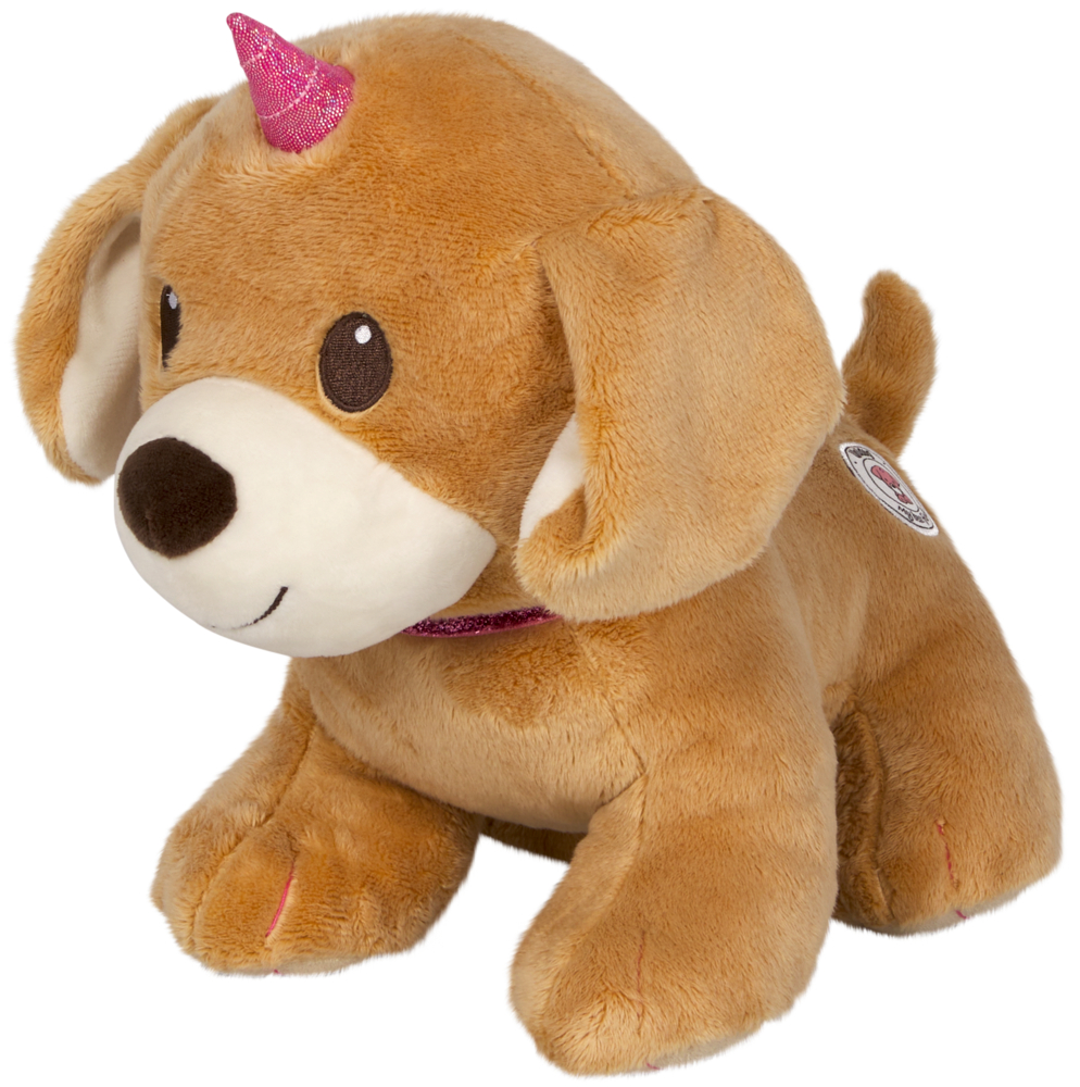 Ein brauner Plüschhund mit Schlappohren und einem pinken Glitzer-Einhornhorn auf dem Kopf.