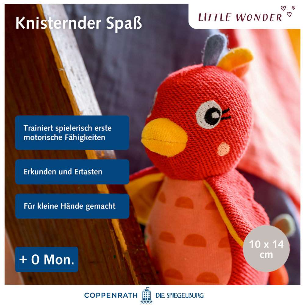 Buntes Vogelspielzeug fördert die Motorik; verspieltes Stoffdesign auf weichem Untergrund.
