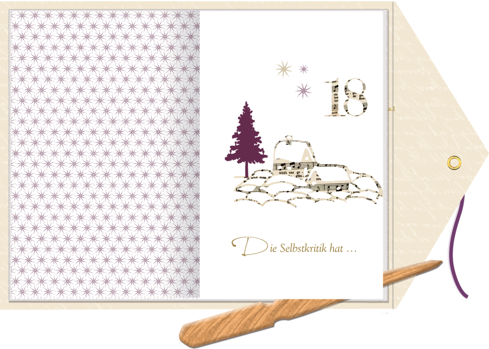 Innenansicht mit Sternenmuster, Baum, verschneitem Haus und der Zahl 18,  Text unten abgedruckt.