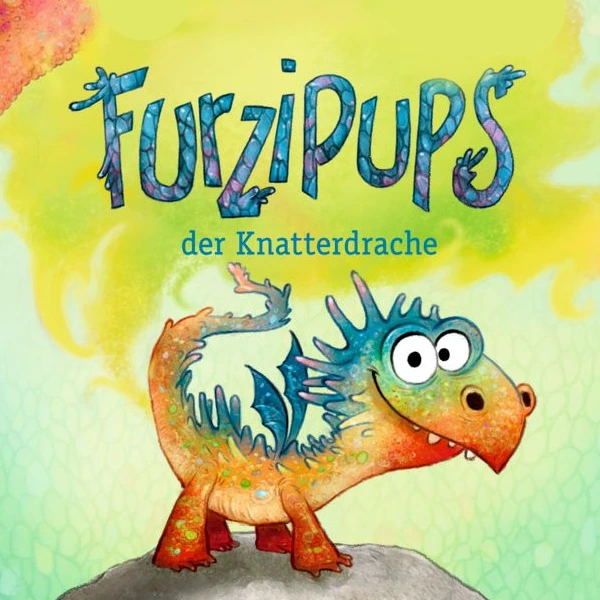 Putzig grinsender kleiner Drache mit grüner Pupswolke und dem Text "Furzipups, der Knatterdrache"