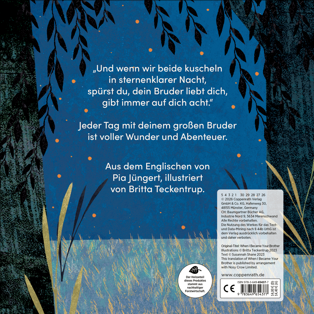 Buchrückseite mit Text auf blauem Hintergrund, umrahmt von schwarzen Blättern und hohem gelbem Gras unten.