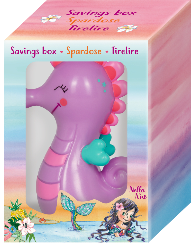 Lila Spardose in Seepferdchenform steht in bunter Verpackung mit Meerestiere-Motiven.