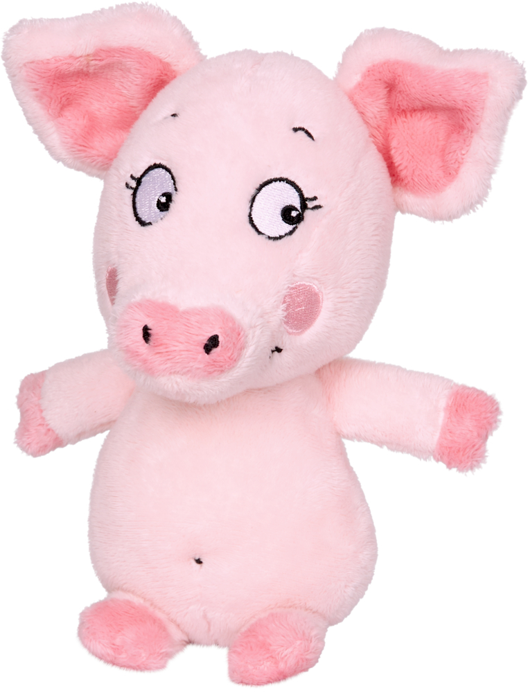 Plüschfigur Schwein Bella Die Lieben Sieben Ein rosa Plüschschweinchen mit großen Ohren, gestickten Augen und einem süßen, lächelnden Gesicht.