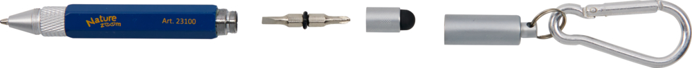 Ein blauer Multitool-Stift, ein Schraubendreher-Bit, eine Stiftkappe, ein Karabiner nebeneinander angeordnet.