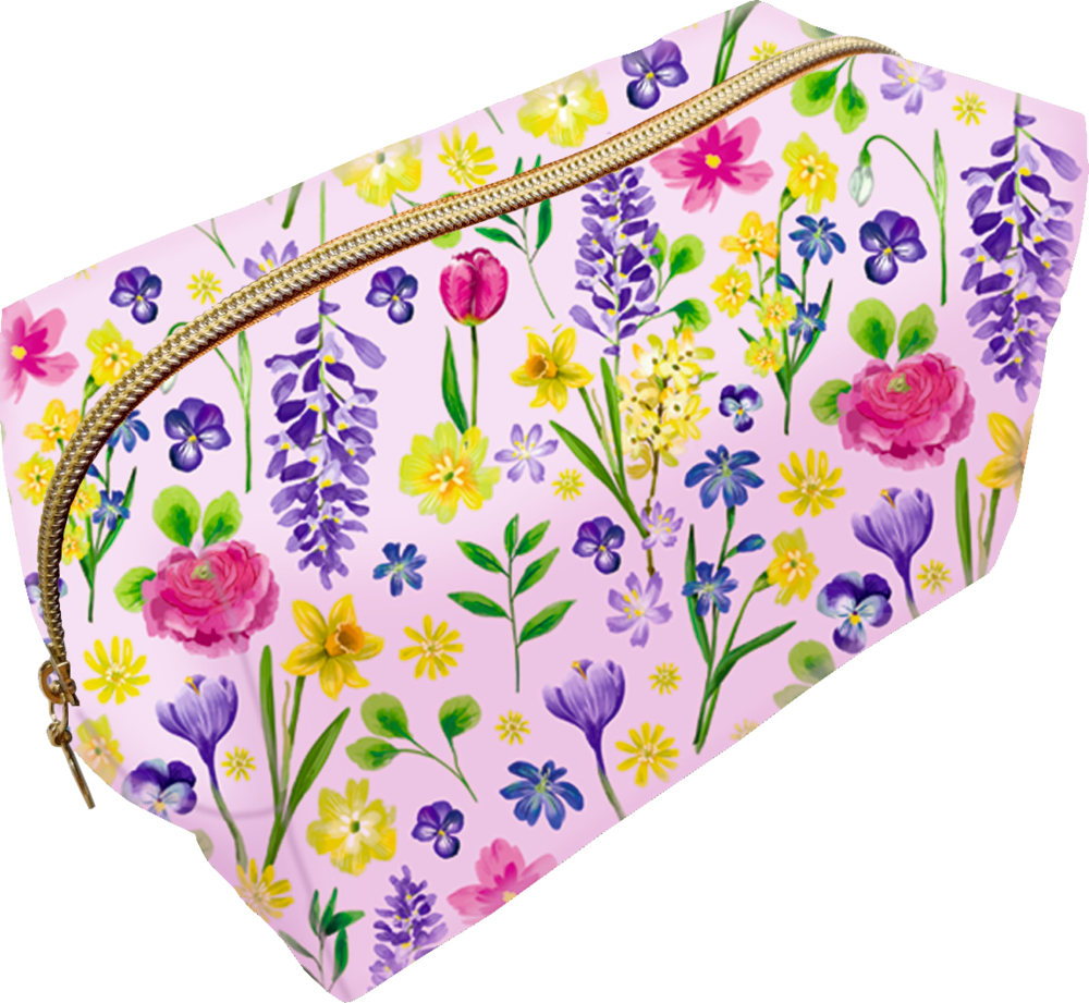 Etui / Stifteetui (Immer her mit dem schönen Leben) Rechteckiger Beutel mit goldenem Reißverschluss und farbenfrohen Blumenmustern auf hellrosa Hintergrund.