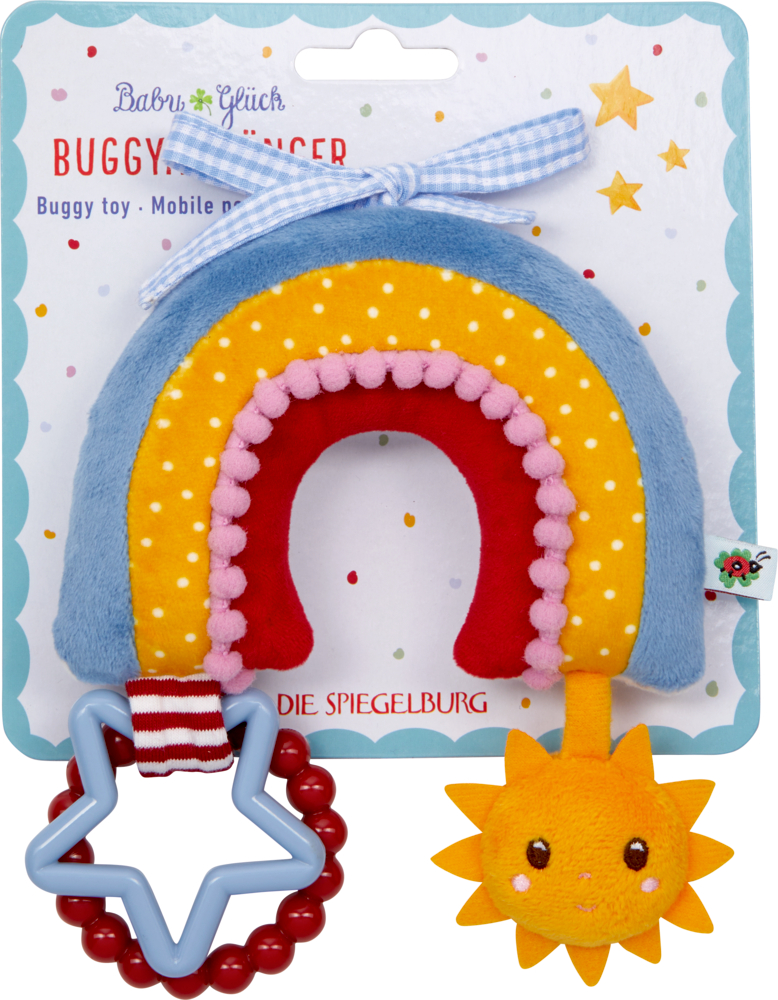 Stoff-Regenbogen mit blauem Stern-Beißring und lächelndem gelben Sonnenanhänger auf einer Trägerkarte.