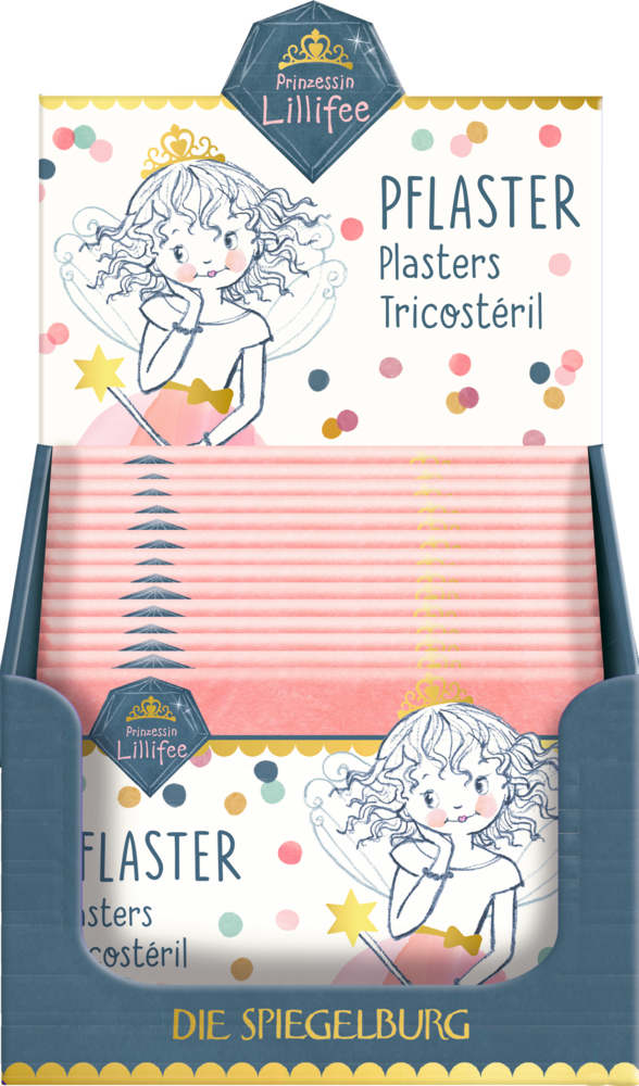 Display-Box mit Prinzessin Lillifee Pflastern, Feenillustration und buntem Konfetti-Design.