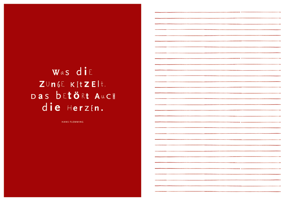 Zwei Abbildungen. Links: rotes Cover mit weißem Kochzitat. Rechts: Innenansicht mit roten handgezeichneten horizontalen Linien auf Weiß.