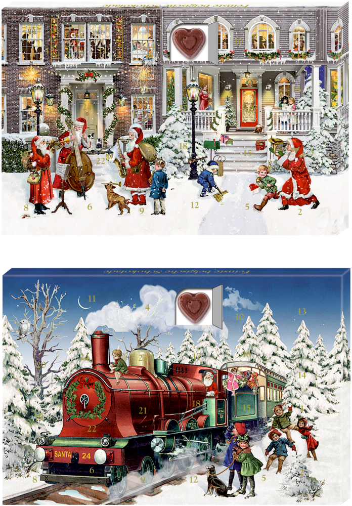 Abbildung zweier Adventskalender-Cover: Weihnachtsmann, Musiker und Familien vor geschmücktem Haus. Kinder begrüßen den Weihnachtsmann im festlichen Zug im Schnee.