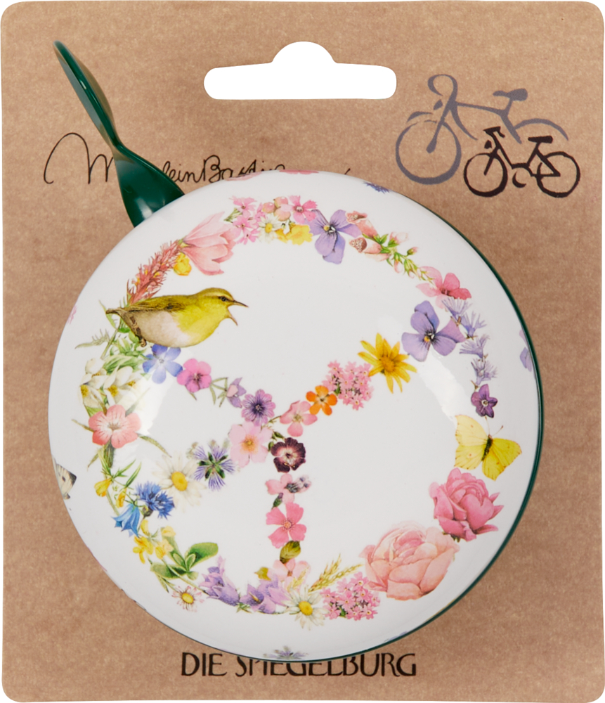 Große Fahrradklingel GartenLiebe - Pimp my bike! (M. Bastin) Große, weiße Fahrradklingel mit floralem Peace-Zeichen, präsentiert auf einer braunen Kartonverpackung.