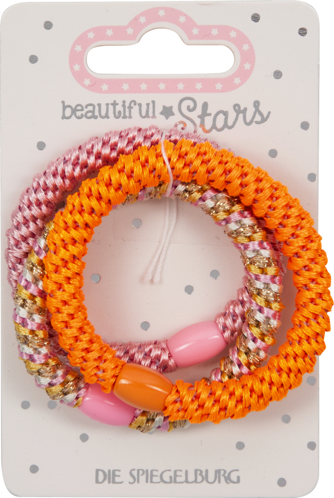 Drei spiralförmige, bunte Haargummis mit blauen, lila, goldenen und silbernen Fäden sowie blauen Perlen.