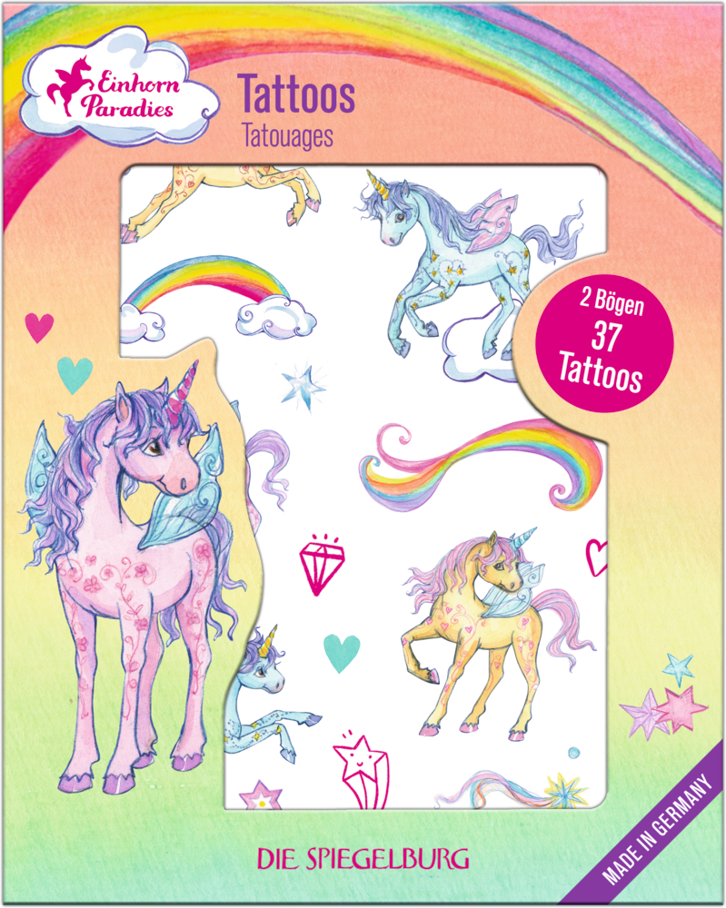 Bunte Sichtverpackung mit Einhorn-Tattoos, Regenbogen, Sternen und Edelsteinen, die 2 Bögen mit 37 Tattoos je Packung enthält.