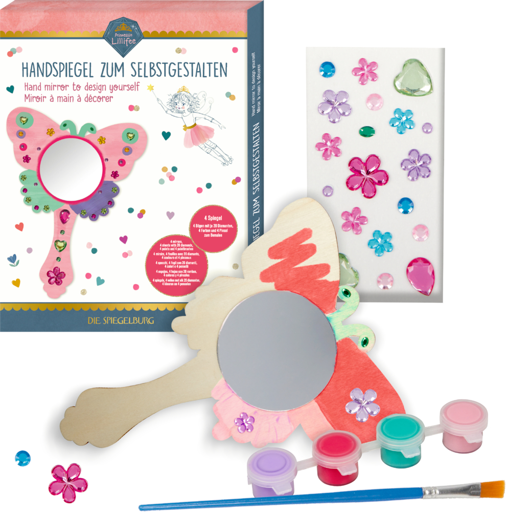 Bastelset: Schmetterlingshandspiegel mit Farbe, Pinsel und Deko-Steinen zum Gestalten für Kinder.