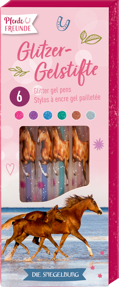 Glitzer-Gelstifte (6 St.) - Pferdefreunde Set mit 6 Glitzer-Gelstiften mit Pferdemotiven auf jedem Stift und galoppierenden Pferden auf der Verpackung.