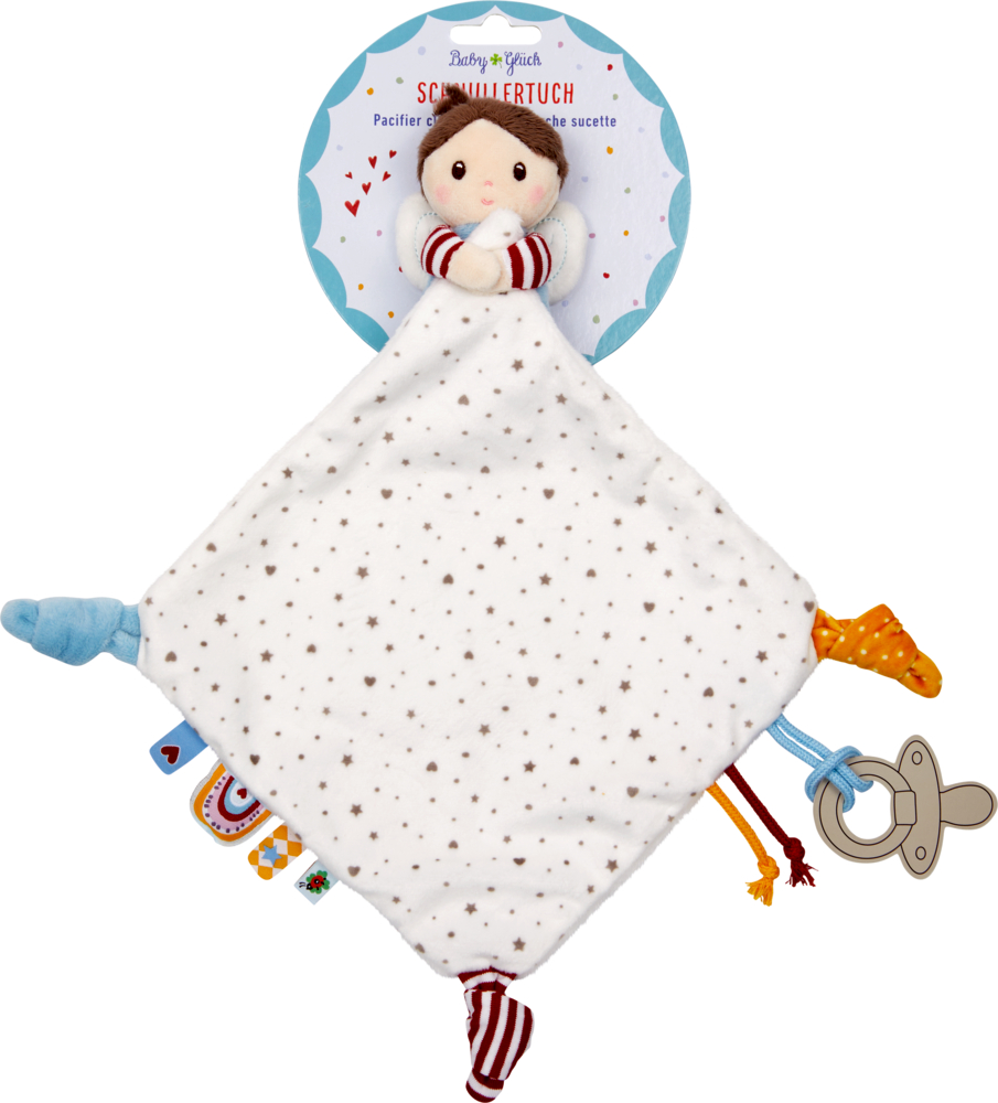 Kleines Stoffpüppchen an einer Trägerkarte hält ein Schmusetuch mit Sternenaufdruck.