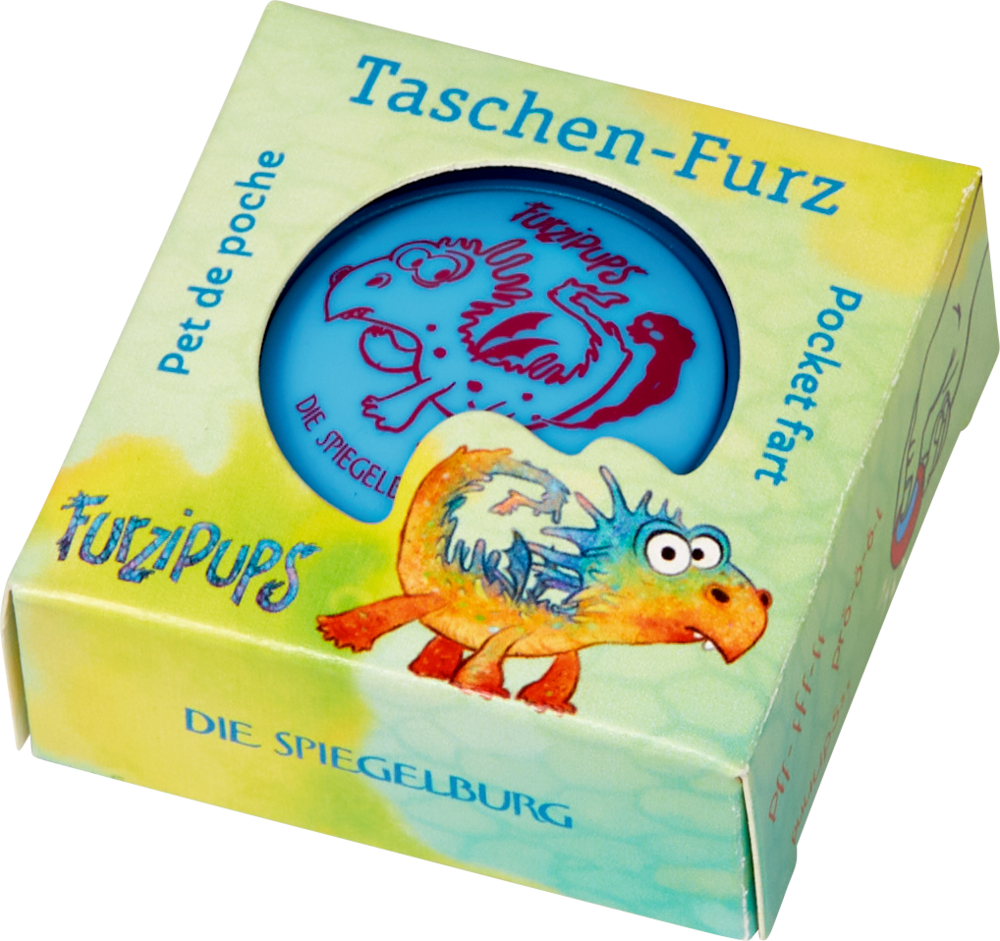 Taschen-Furz Furzipups Bunte Verpackung des Taschen-Furz-Spielzeugs mit Cartoon-Dinosaurier als Illustration.