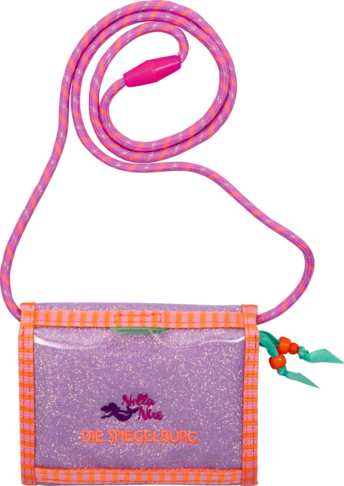 Glitzerndes lila Portemonnaie mit orangem Rand an pink-lila Lanyard, verziert mit Perlen und einer Schleife.