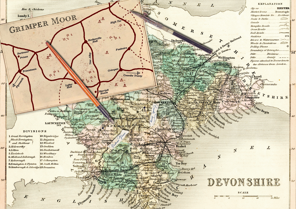 Eine Beilage auf der eine alte Karte von Devonshire mit Einschub von Grimper Moor und zwei Bleistifte abgeildet sind.