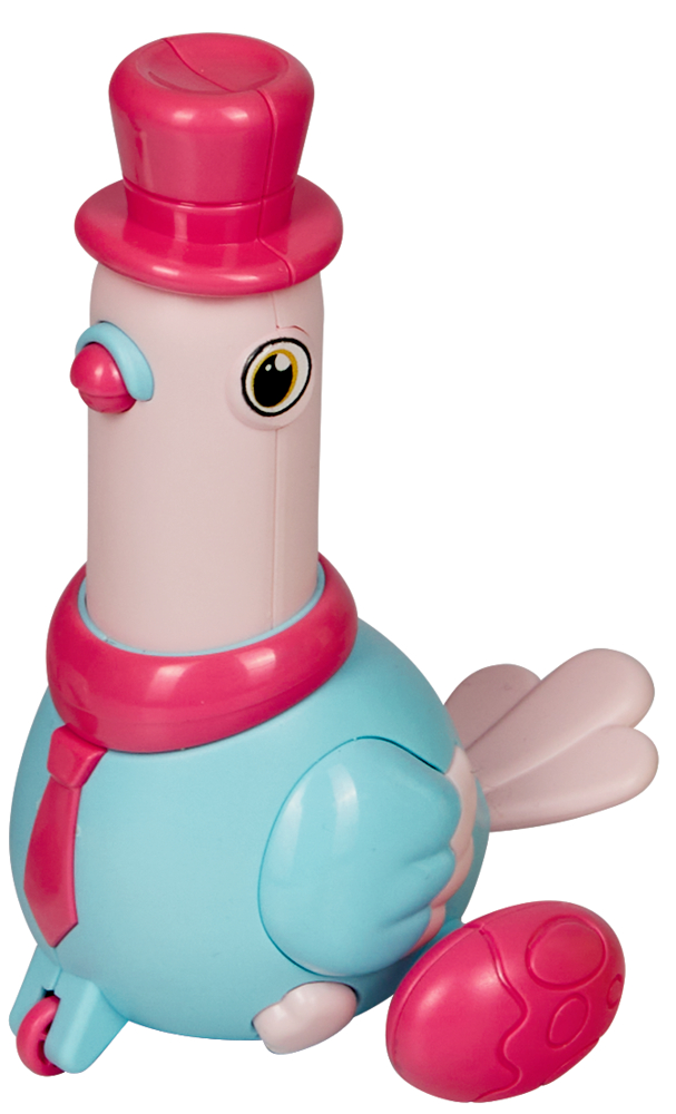 Eine bunte Spielzeugtaube mit rotem Hut und Krawatte sowie blauem Körper. Daneben ein rotes Ei.