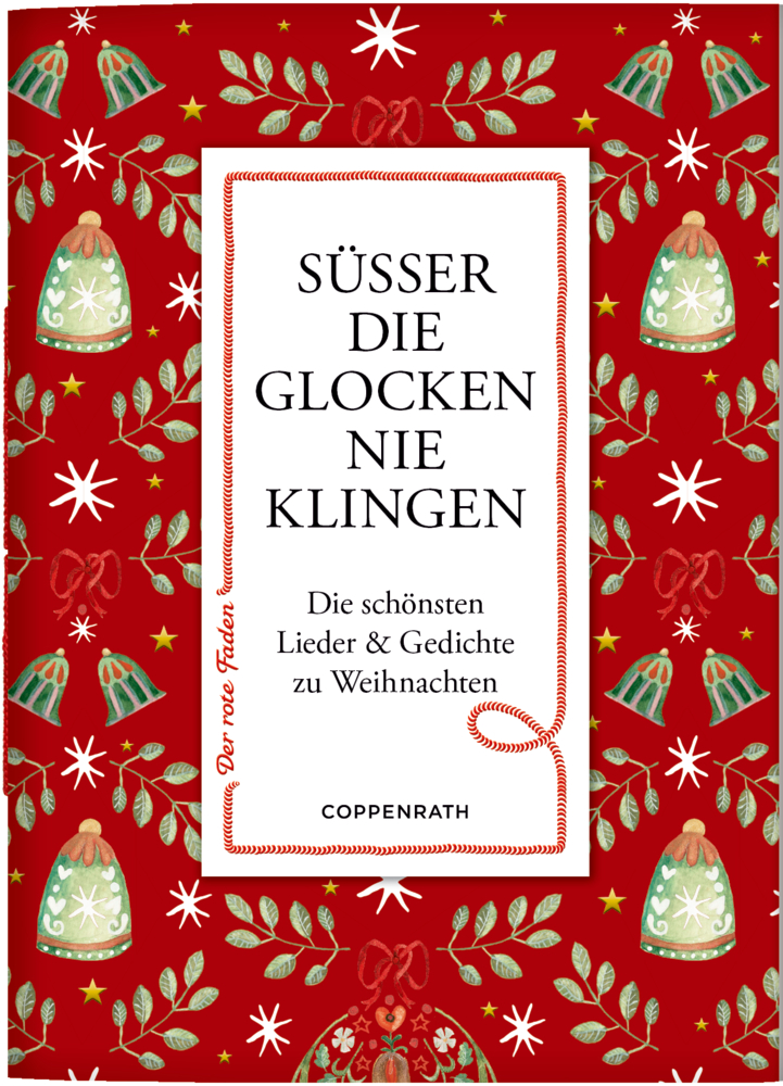 Roter Weihnachtsbucheinband mit Glocken, Sternen und Blättern.