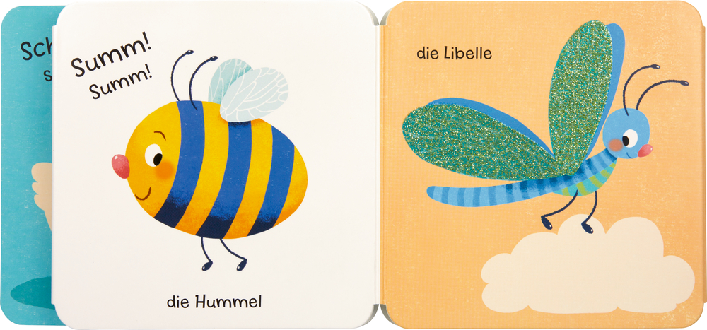 Biene und Libelle mit Beschriftungen und glitzernden Flügeln fliegen auf einer bunten Kinderbuchseite.