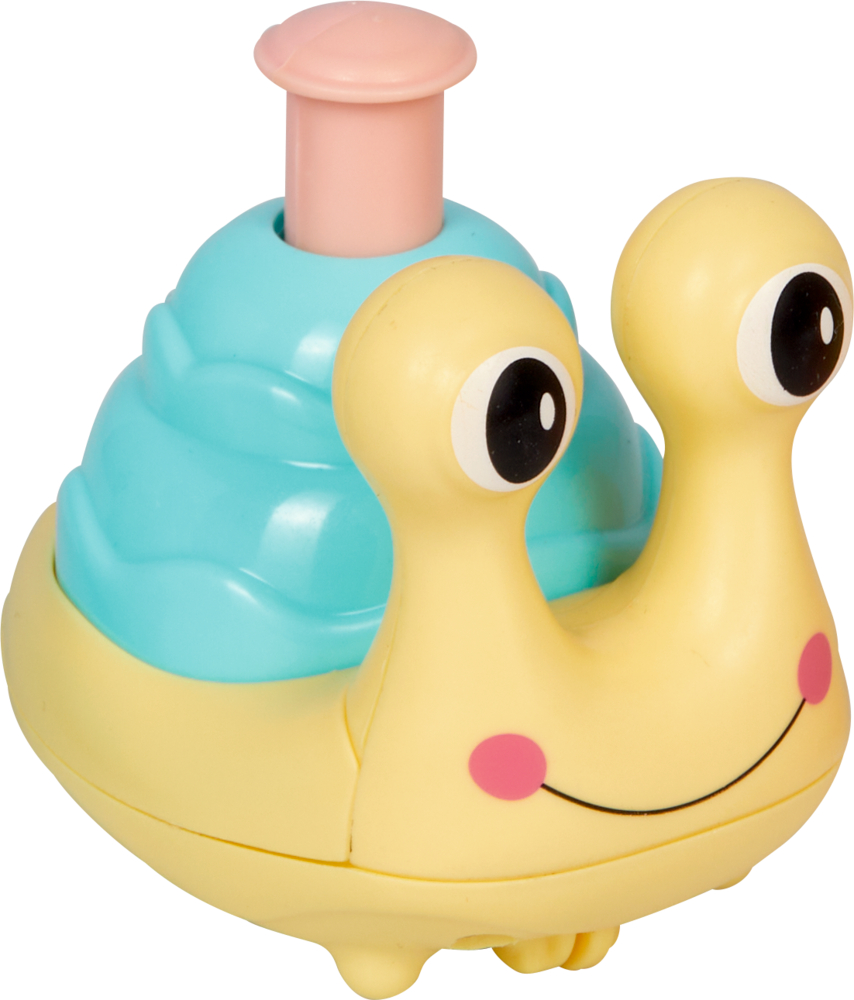 Ein gelb-blaues Schneckenspielzeug aus Plastik mit großen Augen und einem rosa Knopf auf dem Gehäuse.