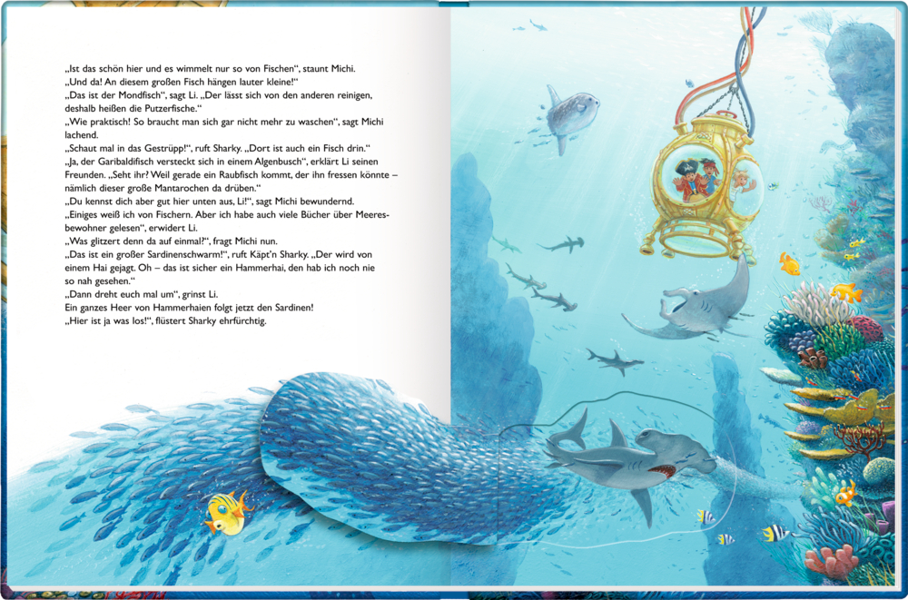 Tauchglocke unter Wasser mit Kindern darin, Haien und bunten Korallenriffen drumherum, Text links.