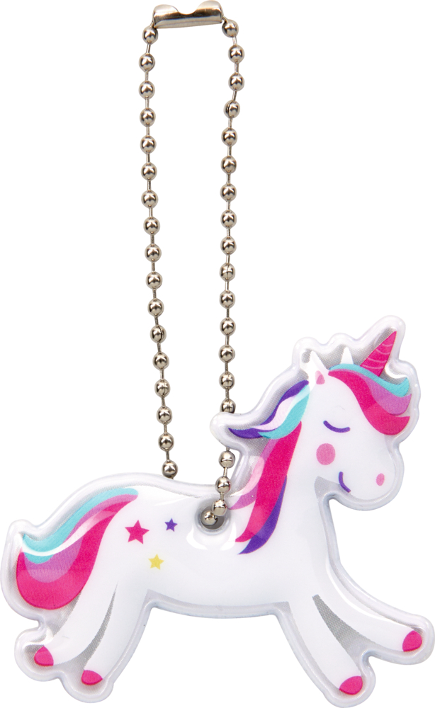 Niedliches weißes Einhorn mit rosa, blauer und lila Mähne und Schweif an einer Metallkette.