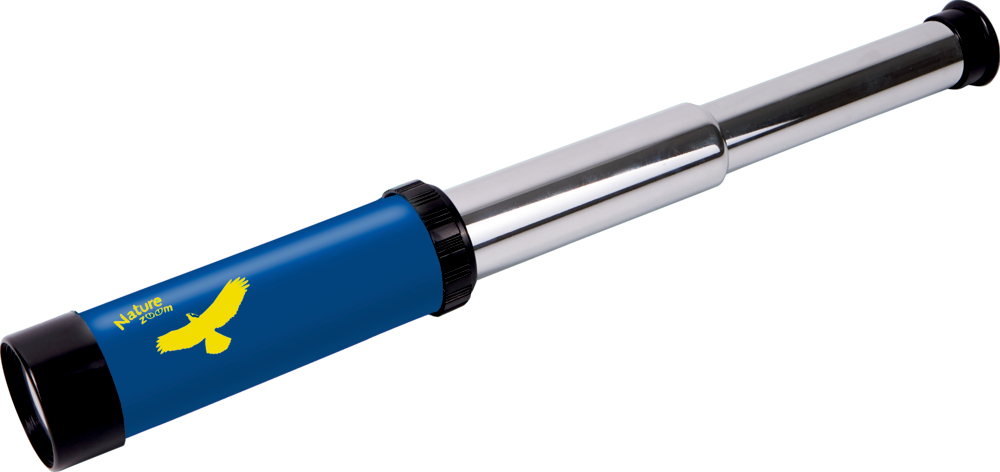 Fernrohr Nature Zoom Blaues und silbernes SpielzeugFernrohr mit einem gelben Vogellogo und dem Text „Nature Zoom“ an der Seite.