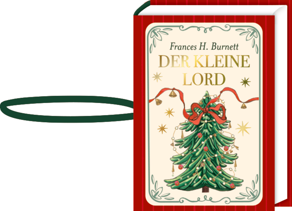 Buch mit rotem Einband, Titel „Der kleine Lord“, Illustration eines geschmückten Weihnachtsbaums mit roter Schleife auf dem Cover.