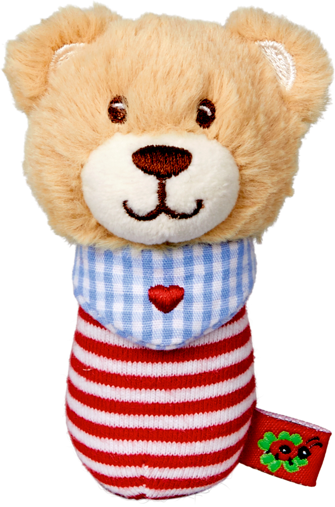 Plüschige Teddybärrassel mit roten und weißen Streifen, blau kariertem Schal und einem roten Herzdetail.