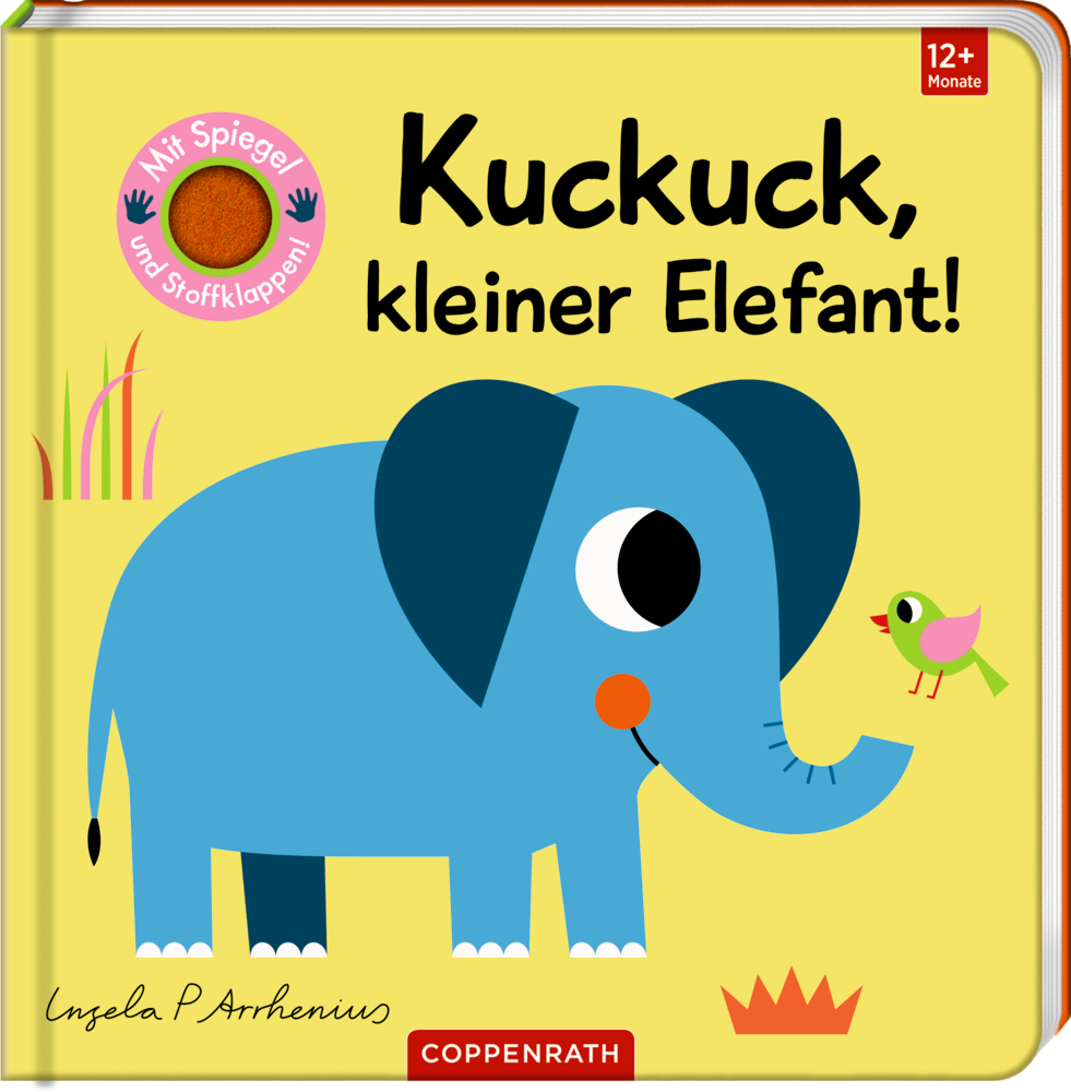 Mein Filz-Fühlbuch: Kuckuck, kleiner Elefant! Blauer Elefant und kleiner grüner Vogel auf gelbem Cover eines Kinderbuchs mit dem Titel "Kuckuck, kleiner Elefant".