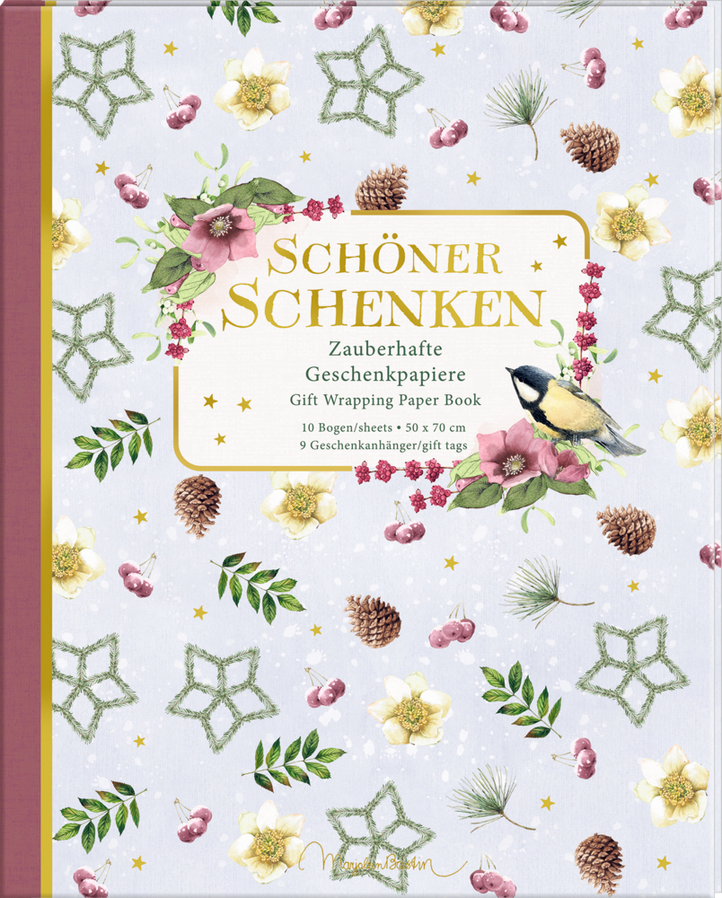 Geschenkpapierbuch mit floralen und winterlichen Motiven, darunter Blätter, Blüten, Beeren, Sterne und ein Vogel.