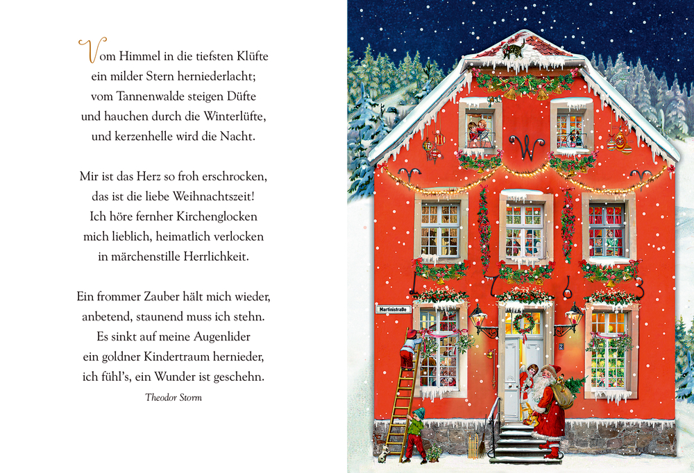 Ein rotes Haus, geschmückt mit Weihnachtslichtern und Schnee auf einer Innenansicht und links befindet sich Text auf weißem Hintergrund.