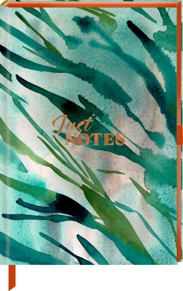 Notizbuch mit grünem Aquarellmuster und „Just NOTES“ auf dem Cover.
