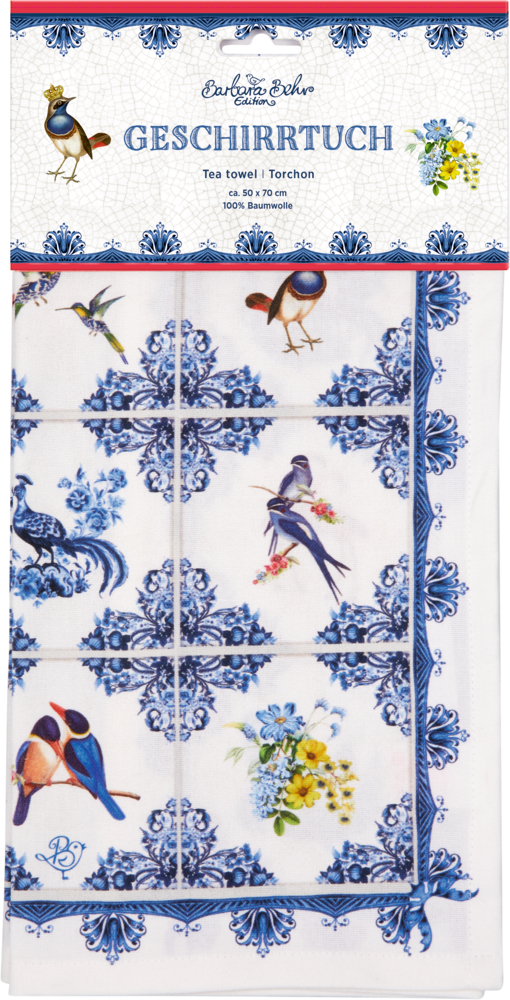Weißes Geschirrtuch mit blauen Blumenrändern und farbenfrohen Vogelillustrationen in jedem Quadrat.