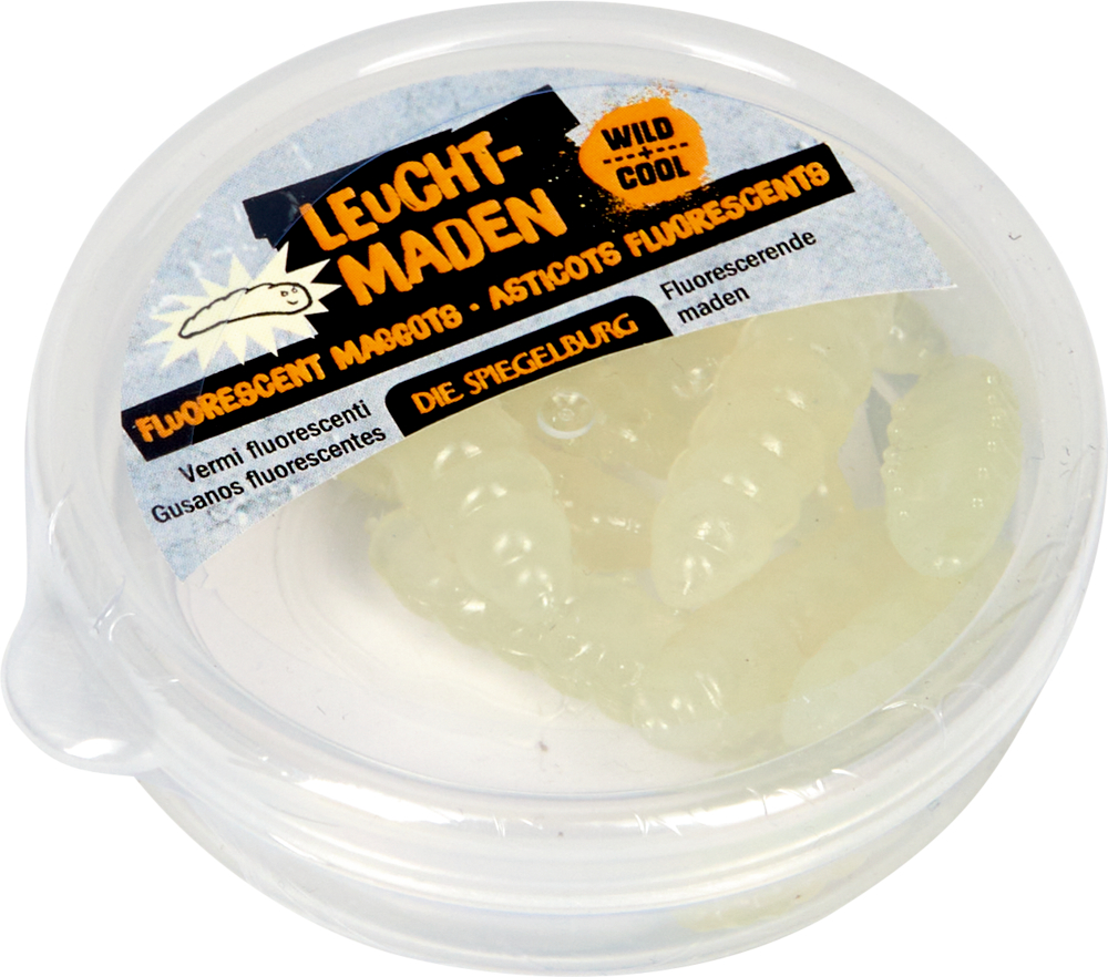 Klarer Behälter mit fluoreszierendem Spielzeug in Madenform mit der Aufschrift „Leucht-Maden“ in mehrsprachiger Verpackung.