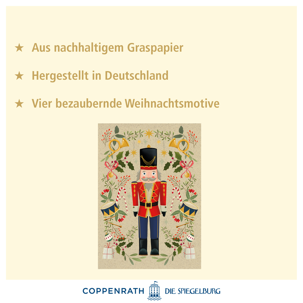 Nussknacker-Illustration mit Sternen und Beschreibungstext zu nachhaltigen Weihnachtskarten.