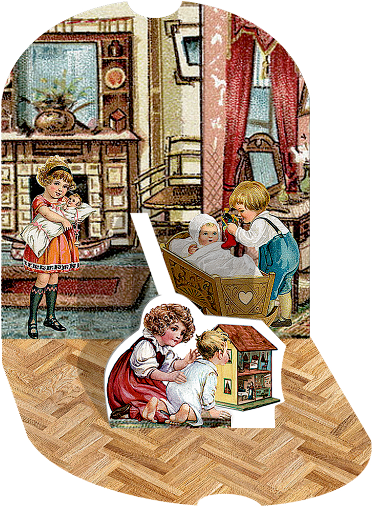 Adventskalendermotiv: Drinnen spielen drei Kinder mit Puppen, einem Puppenhaus und einer Wiege in einem in einem nostalgischen illustrierten Zimmer.