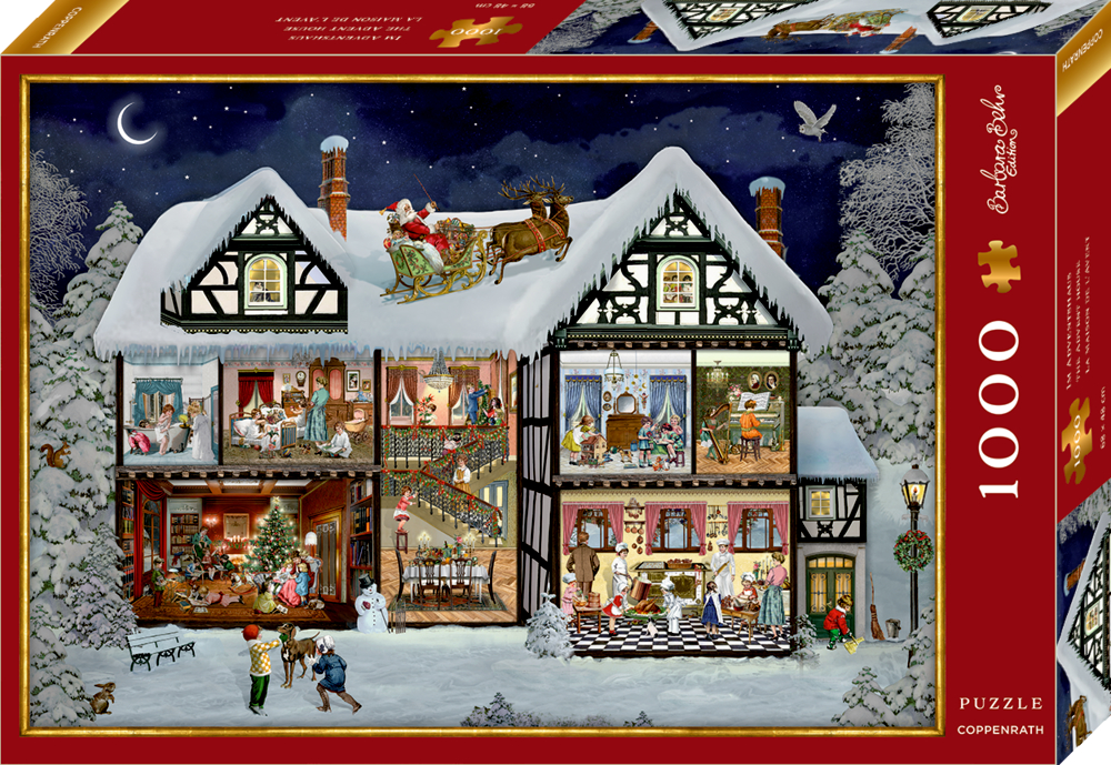 Abbildung eines schneebedeckten Hauses mit Santa im Schlitten darüber auf einer Puzzlebox mit 1000 Teilen.