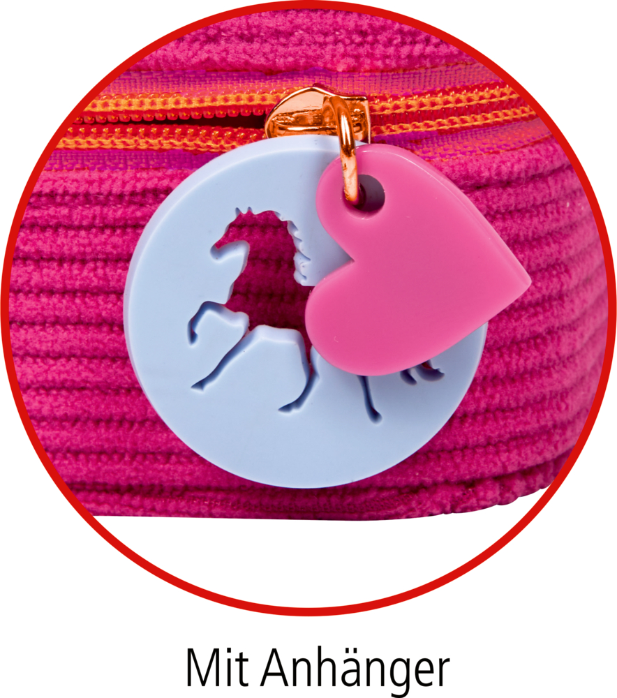 Nahaufnahme eines herzförmigen rosa Reißverschlusszippers mit einem runden Pferdeanhänger.